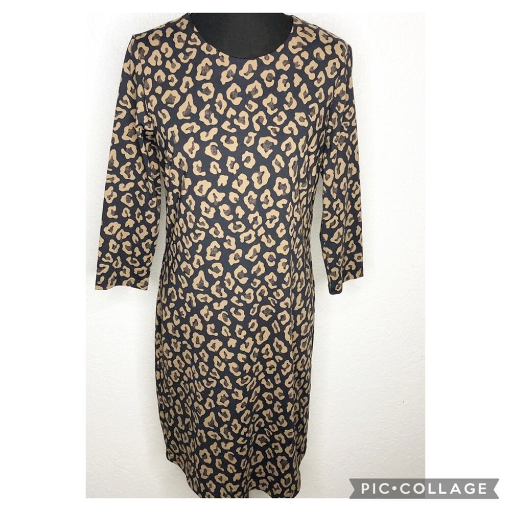 J McLaughlin brown tan black graphic print sheath dress size Large